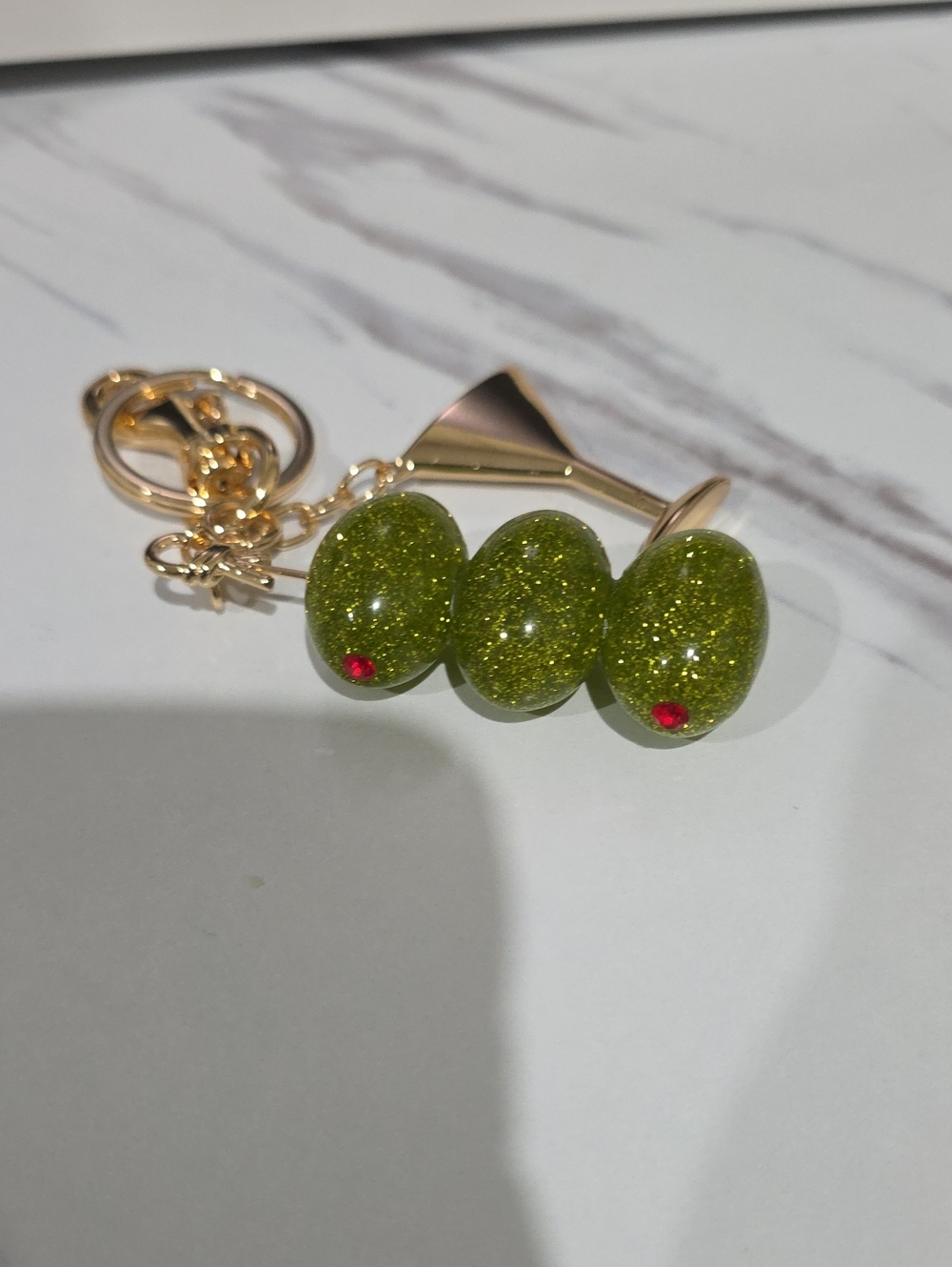 Gold-Tone Olive & Martini Charm Keychain - Green Glitter